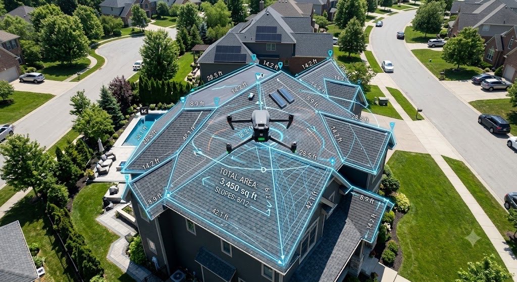 Aerial view of a residential roof with a measurement overlay of edge lengths, total area and pitch