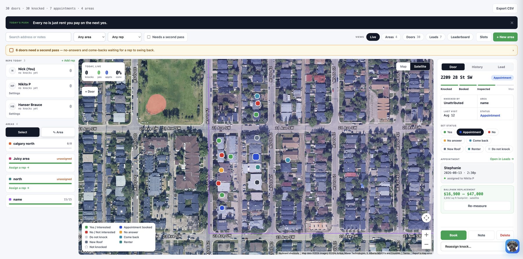 Door to Door canvassing board with satellite map, territory areas, rep list and knock pins