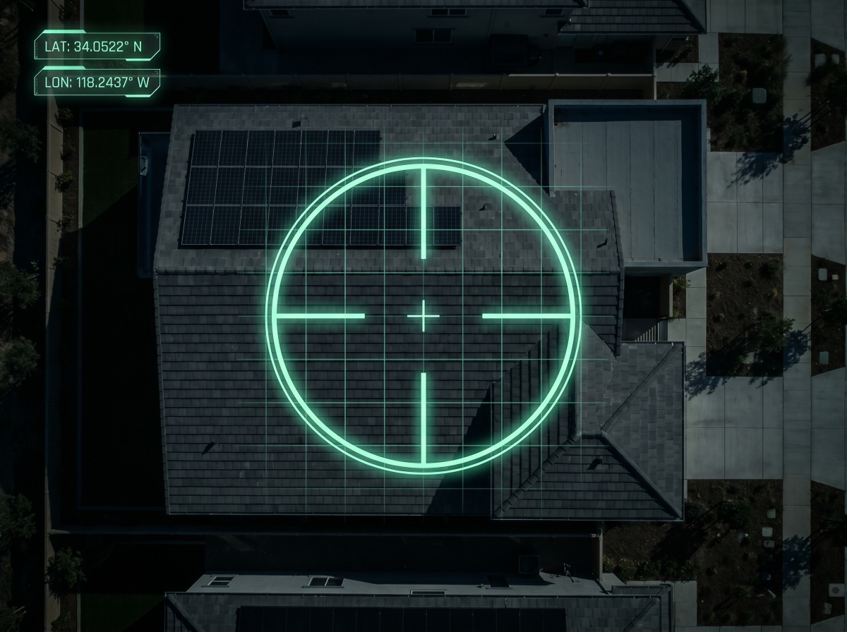 Aerial satellite view of a residential roof with crosshair targeting overlay