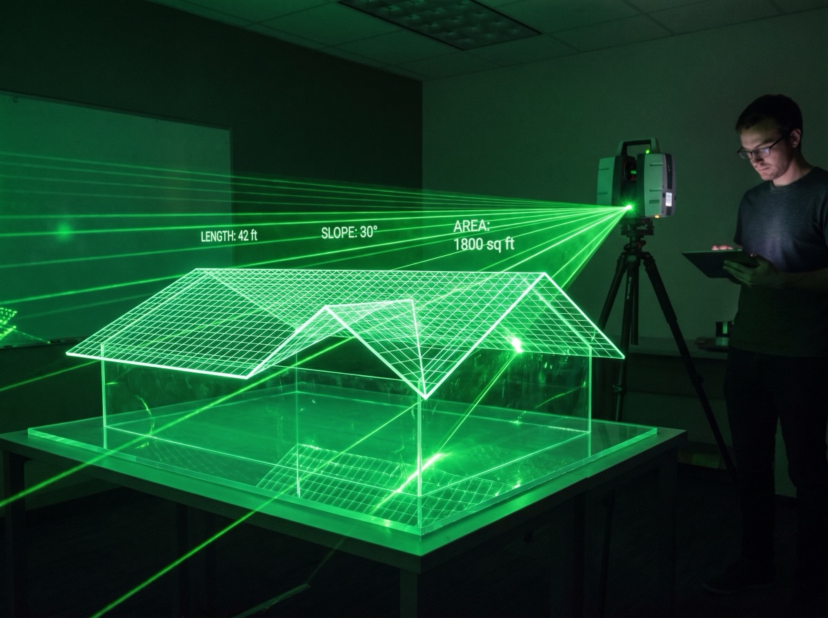 3D scanner building a wireframe model of a roof