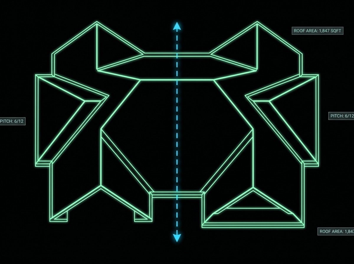 Finalized wireframe roof diagram showing area and pitch measurements